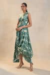 Shop_Vedika M_Green Round Neck Waterdrop Drape Dress With Belt _Online_at_Aza_Fashions