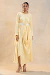Buy_Vedika M_Yellow Round Neck Sunshine Drape Dress With Belt _Online_at_Aza_Fashions