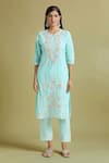 Samyukta Singhania_Blue Cotton Embroidery, Gota Patti Split V-neck Kurta Pant Set _Online_at_Aza_Fashions
