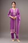 Buy_Samyukta Singhania_Purple Muslin, Organza Embroidery Round Neck Flower Butti Kurta Pant Set_at_Aza_Fashions
