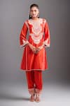 Buy_Sheetal Batra_Orange Cotton Embroidery Split V-neck Burnt Kurta Set _at_Aza_Fashions
