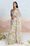 Buy_BAISE GABA_Beige Chiffon V-neck Sundrenched Ruffle Saree Set 