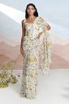 Shop_BAISE GABA_Beige Chiffon V-neck Sundrenched Ruffle Saree Set 