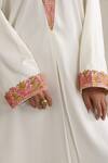 Wazir C_White Satin Embroidery V-neck Nargis Abaya _Online_at_Aza_Fashions