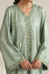 Wazir C_Mint Satin Pearls V-neck Nargis Green Abaya _Online_at_Aza_Fashions