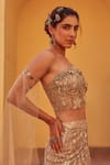 Label Moni K_Gold Net, Chanderi Sequins, Embroidery, Beads Sweetheart Neck Fusion Lehenga Set _Online_at_Aza_Fashions