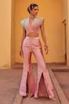 Buy_Label Moni K_Multi Color Kota Doria Embroidery V-neck Knitted Top And Dual Tone Pant Set _at_Aza_Fashions