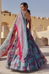Shop_Label Moni K_Blue Organza Embroidery, Sequins Halter Neck Light Floral Printed Lehenga Set _Online_at_Aza_Fashions