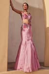 Buy_Label Moni K_Lavender Organza, Satin, Net Embroidery Round Neck Fusion Lehenga Set _Online_at_Aza_Fashions