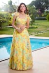 Shop_Aariyana Couture_Yellow Chiffon Tassels Sweetheart Neck Fusion Lehenga Set With Dupatta _at_Aza_Fashions