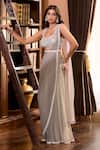 Buy_Aariyana Couture_Gray Tulle, Modal, Satin Embroidery, Pearls Grey Hand Pre-draped Saree Set _at_Aza_Fashions