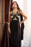 Shop_Aariyana Couture_Black Crepe, Tulle Embroidery Boat Neck Hand Saree Gown _Online_at_Aza_Fashions