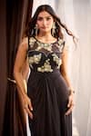Shop_Aariyana Couture_Black Crepe, Tulle Embroidery Boat Neck Hand Saree Gown 