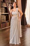 Shop_Aariyana Couture_Gray Tulle, Modal, Satin Embroidery, Pearls Grey Hand Pre-draped Saree Set _Online_at_Aza_Fashions