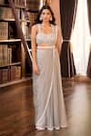 Aariyana Couture_Gray Tulle, Modal, Satin Embroidery, Pearls Grey Hand Pre-draped Saree Set _at_Aza_Fashions