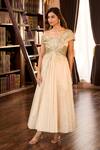 Buy_Aariyana Couture_Beige Tissue Embroidery Off-shoulder Golden Hand Pleated Gown _at_Aza_Fashions