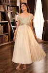 Aariyana Couture_Beige Tissue Embroidery Off-shoulder Golden Hand Pleated Gown _Online_at_Aza_Fashions