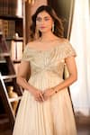 Buy_Aariyana Couture_Beige Tissue Embroidery Off-shoulder Golden Hand Pleated Gown _Online_at_Aza_Fashions