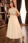 Aariyana Couture_Beige Tissue Embroidery Off-shoulder Golden Hand Pleated Gown _at_Aza_Fashions