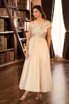 Buy_Aariyana Couture_Beige Tissue Embroidery Off-shoulder Golden Hand Pleated Gown 