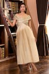 Aariyana Couture_Beige Tissue Embroidery Off-shoulder Golden Hand Pleated Gown _Online