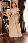 Shop_Aariyana Couture_Beige Tissue Embroidery Off-shoulder Golden Hand Pleated Gown _Online