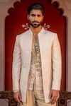 Shop_NAFS_Cream Chanderi, Satin, Linen Embroidery Coffee Kurta Set _Online_at_Aza_Fashions