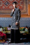 NAFS_Black Chanderi, Silk, Tussar Embroidery Thread Kurta Set _Online_at_Aza_Fashions