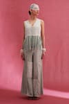 Buy_URMIL_Mint Muslin Beads, Fringe V-neck Green Designer Jacket And Pant Set _at_Aza_Fashions