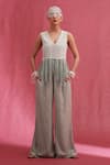 Buy_URMIL_Mint Muslin, Silk Beads V-neck Raw Jacket And Pant Set _at_Aza_Fashions