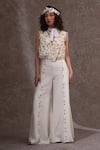 Buy_URMIL_Off White Silk, Tissue V-neck Designer Jacket And Pant Set _at_Aza_Fashions