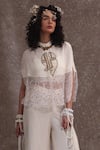 Shop_URMIL_Off White Silk, Organza, Tissue Embroidery Round Neck Fusion Style Kurta Set _at_Aza_Fashions