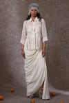 Buy_URMIL_Off White Organza, Silk, Muslin, Tissue Beads, Pearls Collared Fusion Kurta Set _at_Aza_Fashions