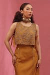 Shop_URMIL_Gold Organza, Silk, Tissue Beads, Embroidery Round Neck Jacket Bustier Skirt Set _at_Aza_Fashions