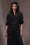 Shop_URMIL_Black Organza, Muslin Beads Collared, Round Neck Kurta Set _at_Aza_Fashions