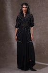 Buy_URMIL_Black Organza, Muslin Beads Collared, Round Neck Kurta Set _at_Aza_Fashions