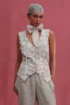 Shop_URMIL_Mint Muslin Embroidery V-neck Slub Jacket And Pant Set _at_Aza_Fashions
