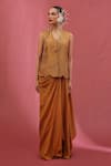 Buy_URMIL_Orange Silk, Tissue Embroidery Round Neck Gold Jacket And Pickup Skirt Set _at_Aza_Fashions