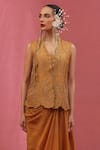 Shop_URMIL_Orange Silk, Tissue Embroidery Round Neck Gold Jacket And Pickup Skirt Set _at_Aza_Fashions