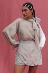 Shop_URMIL_Blue Tissue Embroidery Round Neck Ice Designer Skirt Set _at_Aza_Fashions