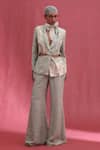 Buy_URMIL_Mint Muslin, Silk Lace V-neck Slub Jacket And Pant Set _at_Aza_Fashions