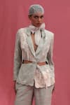 Shop_URMIL_Mint Muslin, Silk Lace V-neck Slub Jacket And Pant Set _at_Aza_Fashions