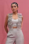Shop_URMIL_Blue Organza, Silk Ruffles, Embroidery Open Neck, Ice Layered Jacket Set _at_Aza_Fashions