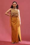 Buy_URMIL_Orange Organza, Silk Beads Round Neck Gold Jacket Bustier Skirt Set _at_Aza_Fashions