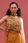Shop_URMIL_Orange Organza, Silk Beads Round Neck Gold Jacket Bustier Skirt Set _at_Aza_Fashions