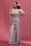 Buy_URMIL_Blue Muslin, Silk, Organza Embroidery Ice Designer Blouse And Pant Set _at_Aza_Fashions