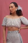 Shop_URMIL_Blue Muslin, Silk, Organza Embroidery Ice Designer Blouse And Pant Set _at_Aza_Fashions
