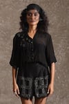 Shop_URMIL_Black Silk Embroidery Round Neck Heavy Tabby Pant Set _at_Aza_Fashions