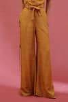 URMIL_Orange Muslin Beads, Sequins V-neck Gold Slub Jacket And Pant Set _Online_at_Aza_Fashions