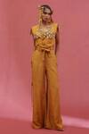 Buy_URMIL_Orange Muslin Beads, Sequins V-neck Gold Slub Jacket And Pant Set _at_Aza_Fashions